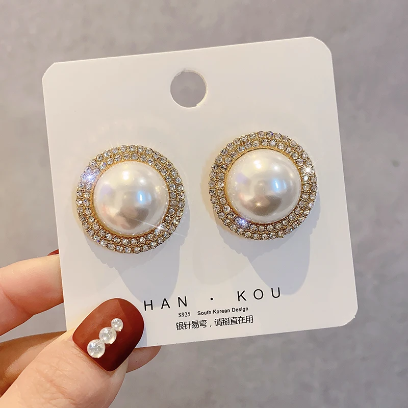 Imitation Pearls Gold& Silver Color Round Stud Earrings for Woman Luxury Crystal Earring Female Simulated Pearl Rinstone Earring