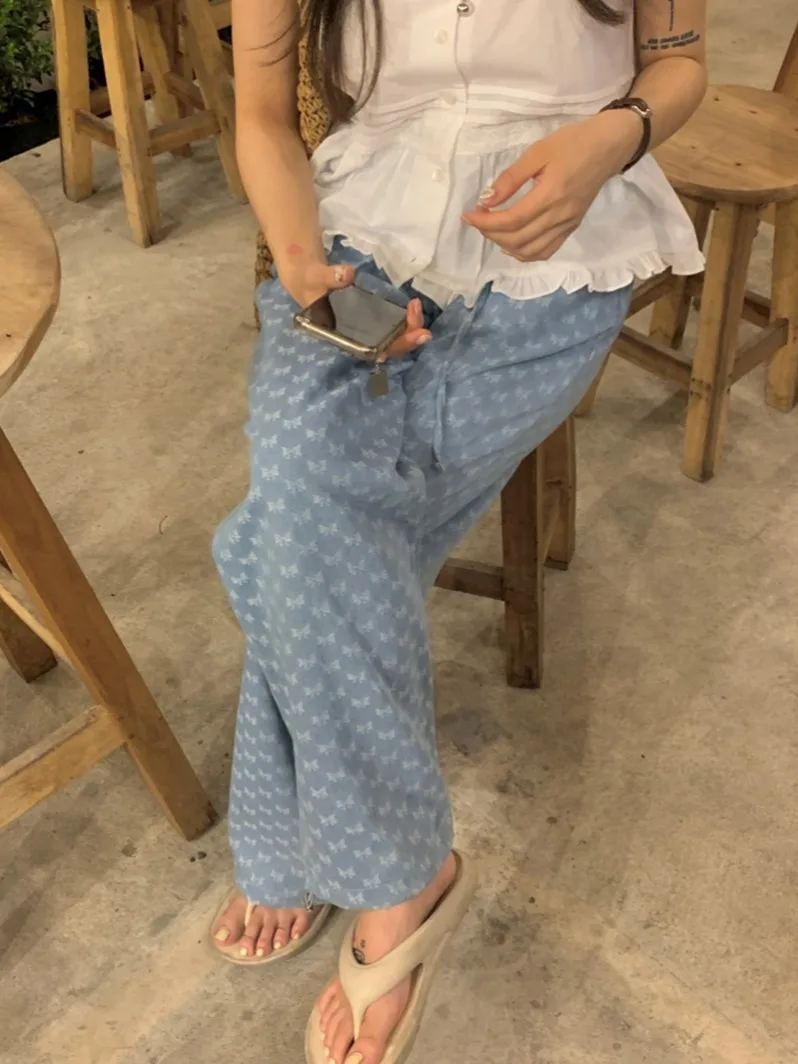 여름 세련된 빈티지 Dstring 나비 매듭 인쇄 캐주얼 바지 넓은 다리 데님 여성의 세련된 다목적 긴 바지