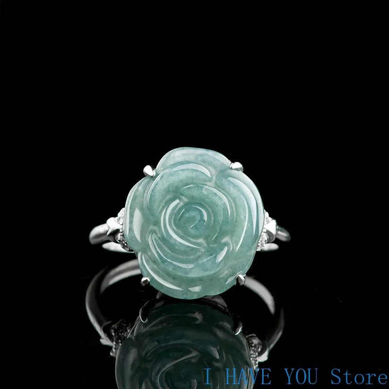 S925 Silver Inlaid Natural A Goods Jade Blue Water Rose Ring Ice Jade Fashion Ring Women's Ring Luxury Jewelry Gift