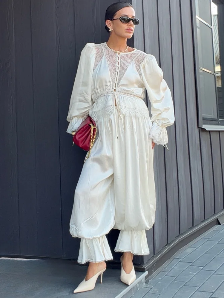 Satin Set Blouse Pant Lace Women Long Sleeve O-neck Single Breasted Shirt Lantern Pants 2026 Spring Autumn Lady Fashion Suits