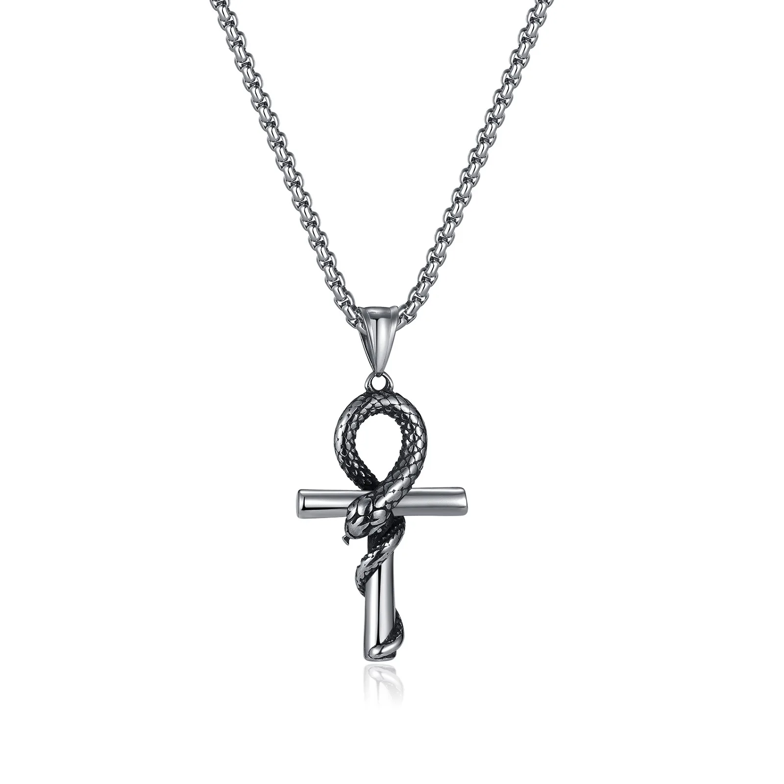 Stainless Steel Snake Cross Pendant Necklace for Men Women Vintage Egyptian Ankh Jewerly