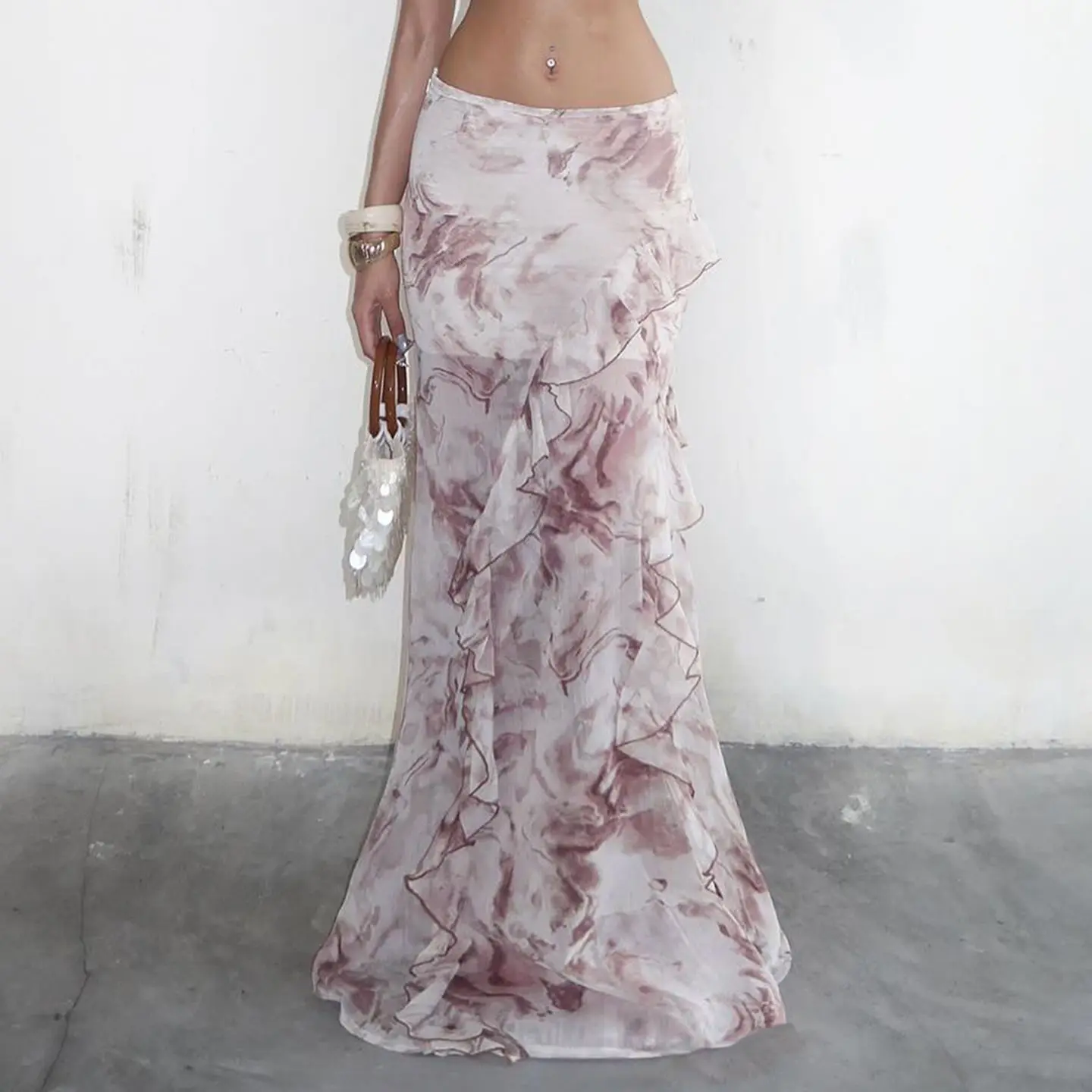 French Wavy Edge Printed Mesh Skirt Women's Low Waist Long Skirt Slim Fit Spice Girl Hip Wrap Skirt