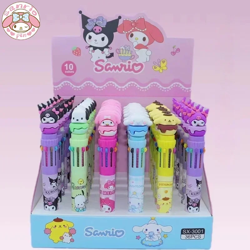 Sanrio 10-color Ballpoint Pen 36pcs Cartoon Kuromi Melodycinnamoroll Multicolor Student Handwritten Pen 0.7mm Graduation Gift