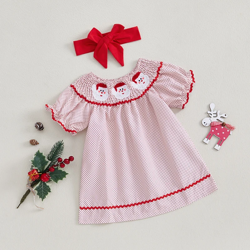 Baby Girl Christmas Outfit Infant Toddler Dot Print Christmas Smocked Dress Vintage Princess Santa Dresses Cute Clothes