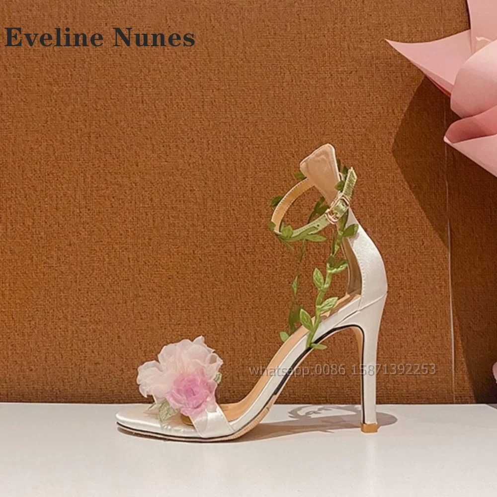 Flower Decoration Straight Strap Sandals Open Toe Stiletto Side Air Cover Heel Sweet Women Heels Elegant Party Wedding Shoes New