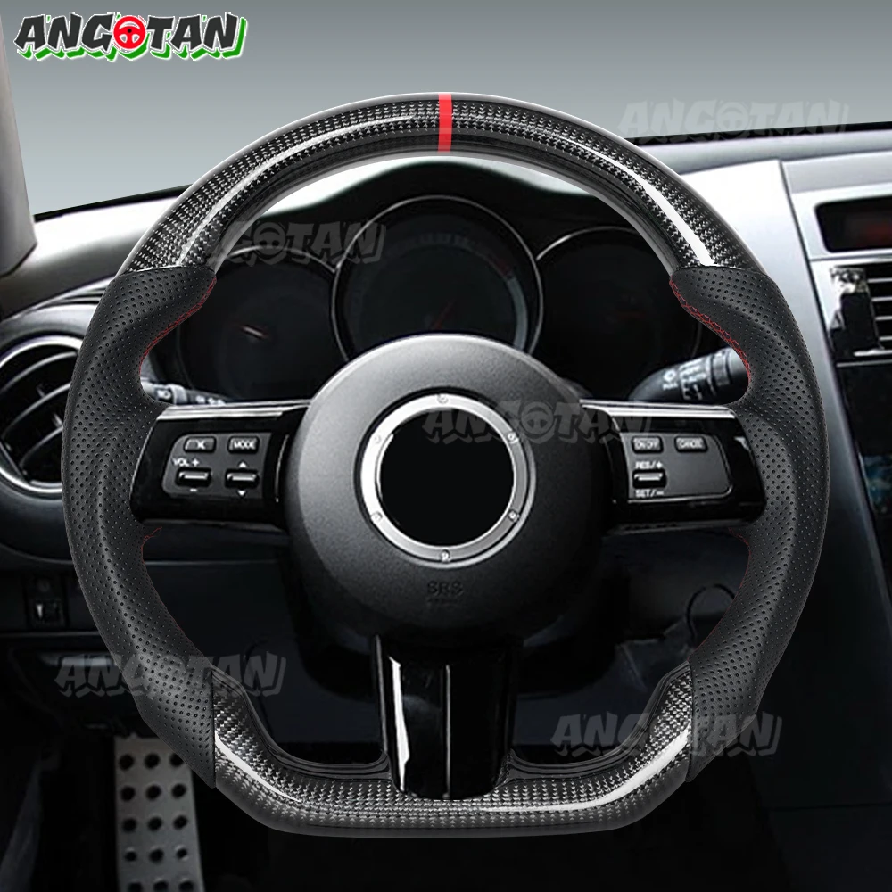 

Руль из углеродного волокна для Mazda RX8 RX-8 2008 2009 2010, перфорированная кожа, плоское дно, D-образный, с красной полосой
