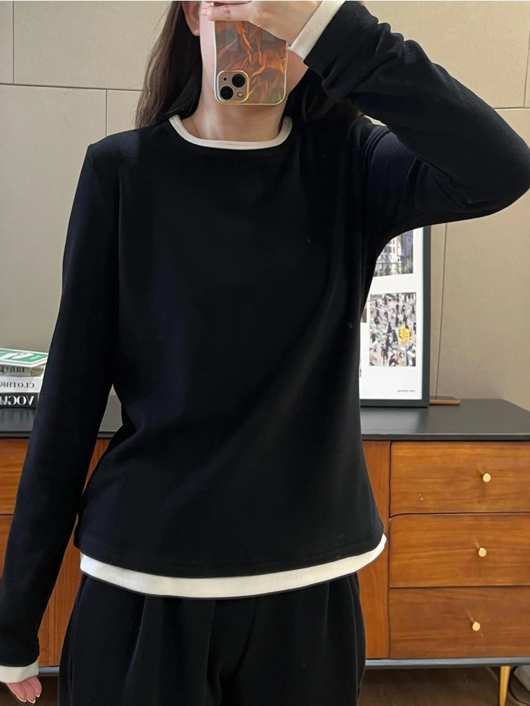 Slimming Long Sleeve T-Shirt Women's Base Layer Inner Wear Top Color Block Design Comfortable Korean Style Floral Pattern