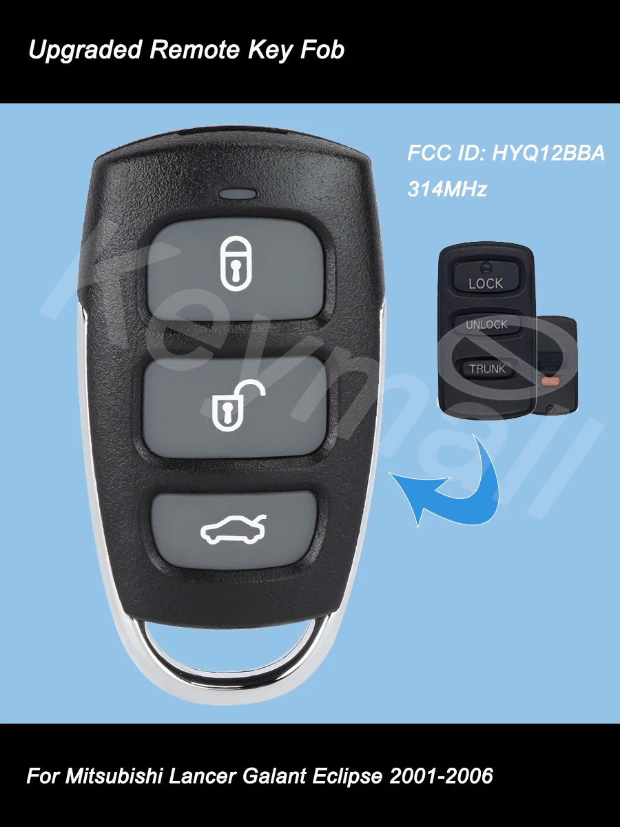 KEYECU Remote Control Mobil yang Ditingkatkan, Kunci Fob 3+1 4 Tombol 314MHz untuk Mitsubishi Lancer Galant Eclipse 2001-2006 FCC ID: HYQ12BBA