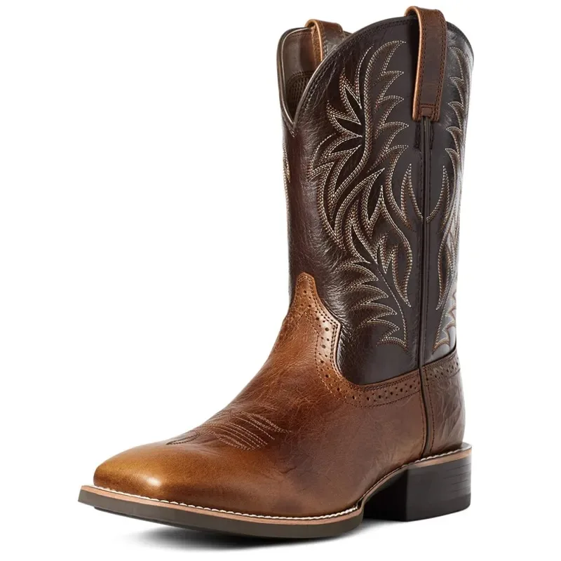 Botas masculinas de cowboy ocidental meados de bezerro, sapatos bordados retrô, sapatos masculinos ao ar livre, plus size 48, outono e inverno, 2023