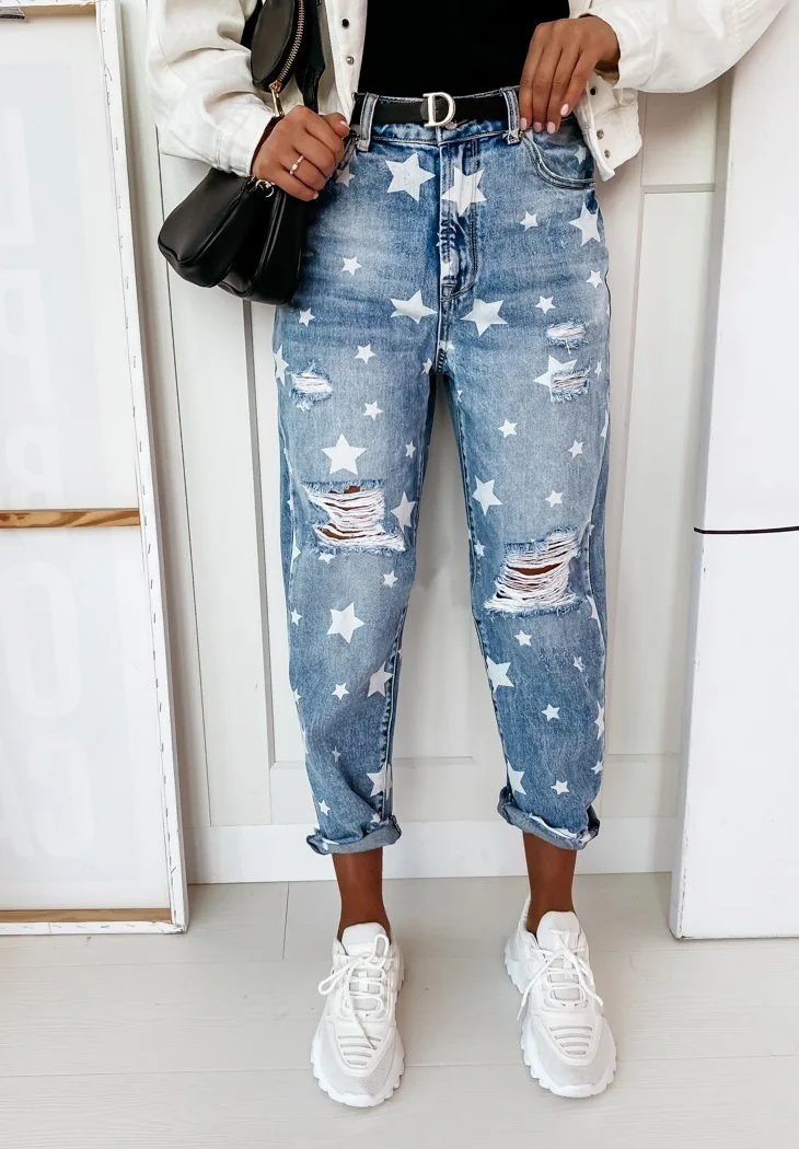Women\'s Jeans 2024 Spring Fashion Star Print Button Pocket Design High Waist Casual Distressed Straight Leg Jeans Y2k Streetwear