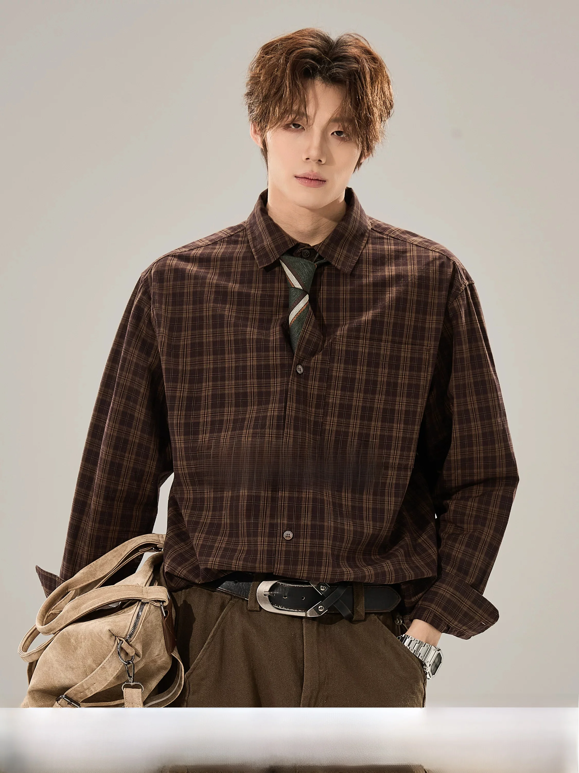 

Pure Cotton Long Sleeve Plaid Shirt Men's Spring Autumn Loose Comfortable High End Commute City Walk Casual Checkered Top