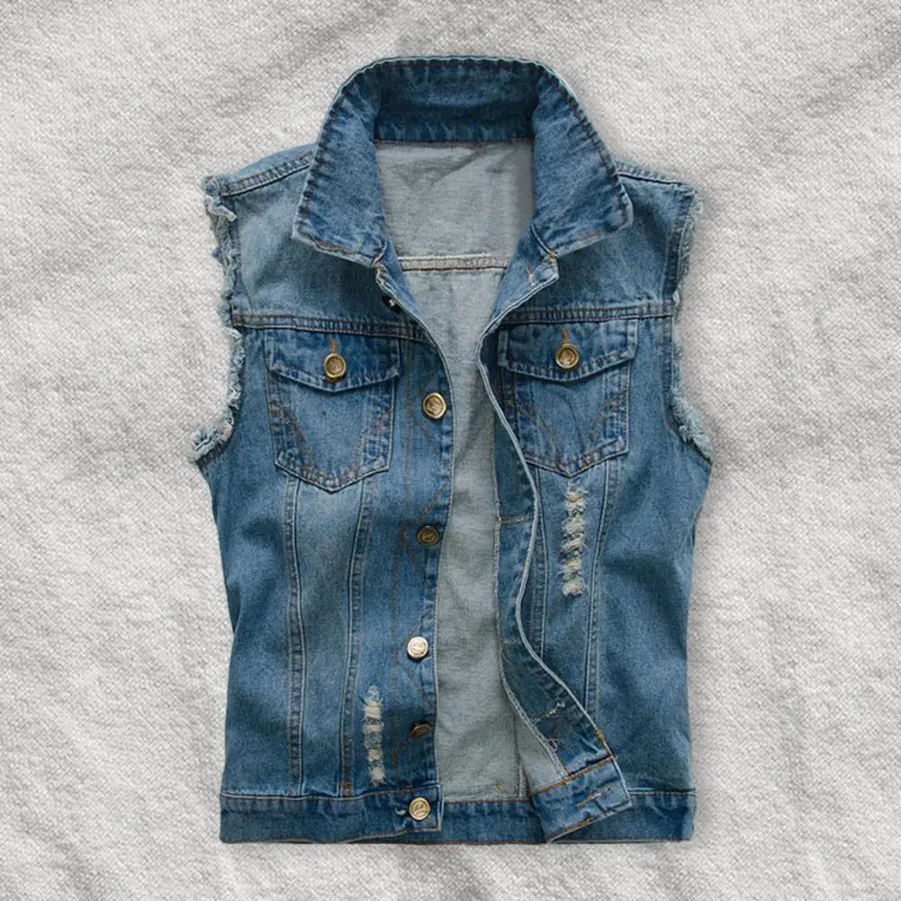 Men Vest Jacket Men's Hip Hop Streetwear Denim Vest with Ripped Sleeves Single-breasted Pockets Plus Size Solid Color for Summer