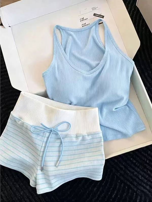 Blue Striped Slim Fit Women's Sleepwear Set with Chest Pad Short Sleeve Vest Shorts Home Clothes Casual Style Summer Fashion