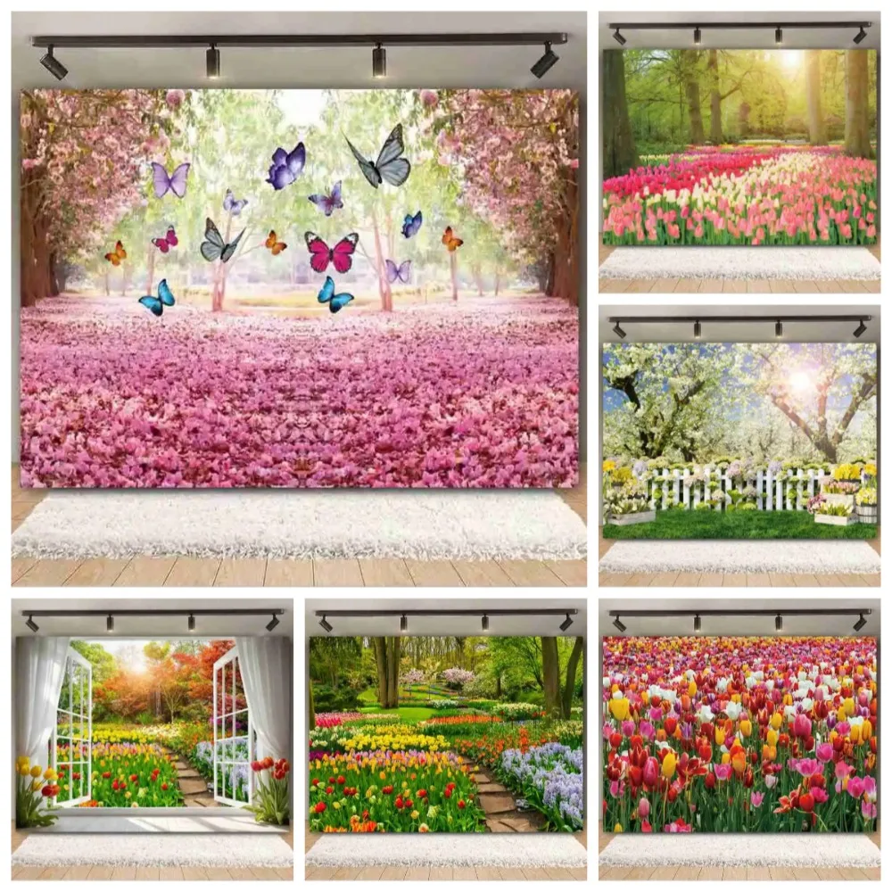 

Spring Tulip Garden Park Forest Landscape Theme Background, Children's and Adult Birthday Party Decoration Photography Backdrop