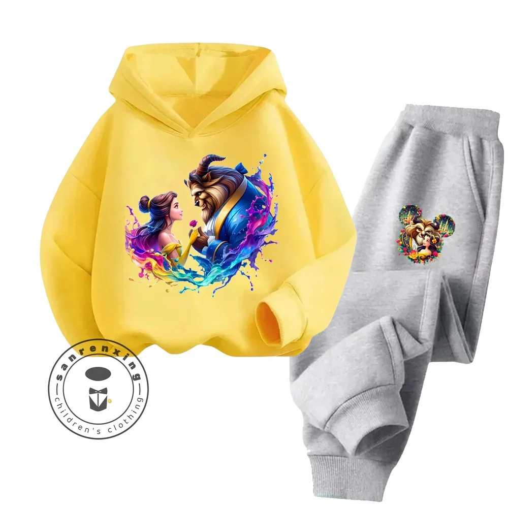 Comfy Chic Solid Color Spring Autumn Set Suitable for Kids Trendy Beauty and the Beast Disney Cartoon Playful Hoodie Tracksuit