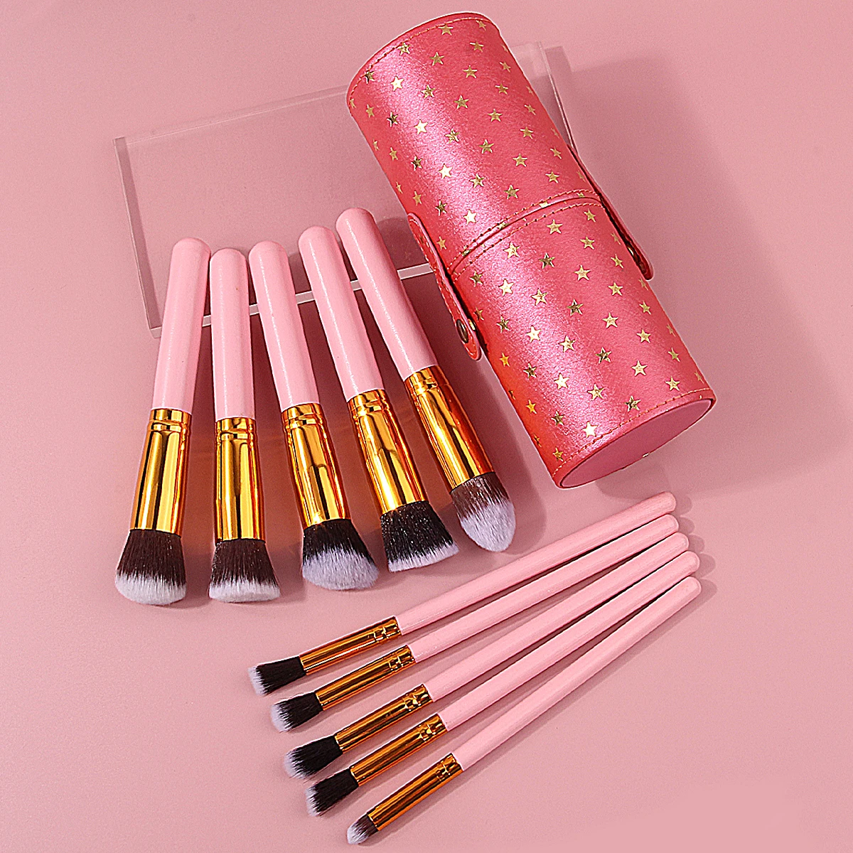 11PCS Pink Makeup Brush Set+Star Storage Cup,Full Face&Eye Cosmetic Brush Kit,Portable Travel Brush Holder Perfect Holiday