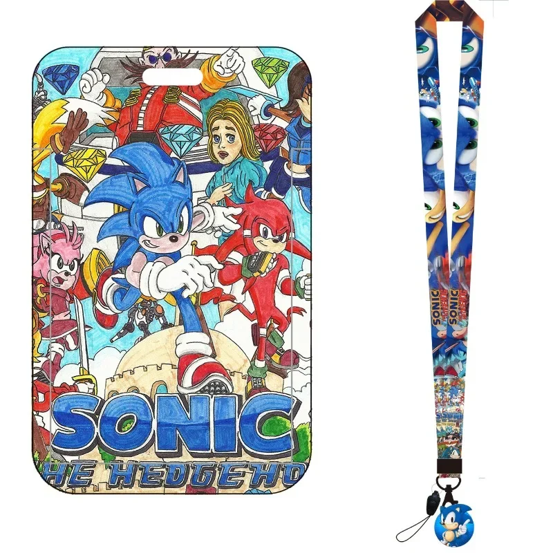 Cartoon Sonic Bus Card Holder Student ID Card Cover Campus Meal Card Case Badge Holder Work Cards Protector with Lanyard view 3