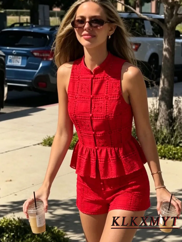 Women Elegant Knit Embroidery Hollowed-Out 2 Pieces Sets New Fashion Office Wrinkled Hem Vest Top+Short Two Piece Set Red Outfit image 3