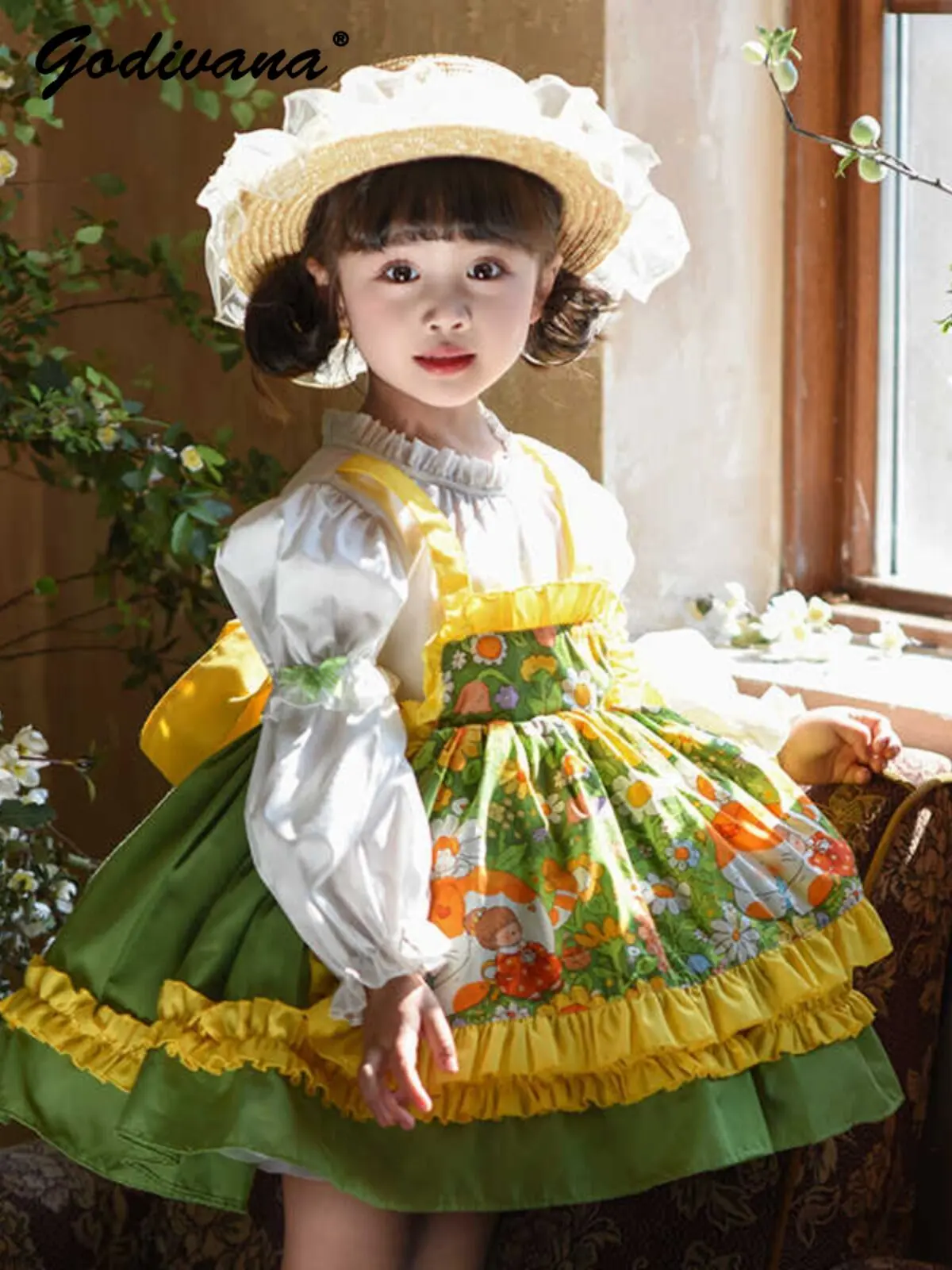 Sweet Baby Girls Pastorale Fairy Lolita Princess Tutu Dress Kids Spring and Autumn Long Sleeve Floral Ruffle Trim Formal Gown