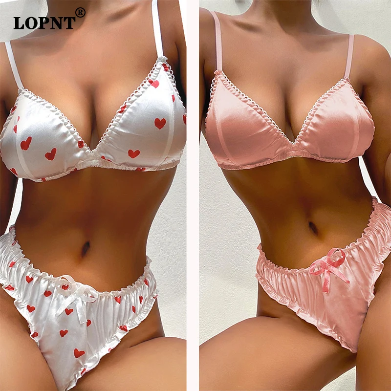 Lopnt New Satin Lingerie Set Sexy Women Underwear White Love Print Bra Set Female Pink Ruffles Sexy Lingerie 2pcs Underwear Set