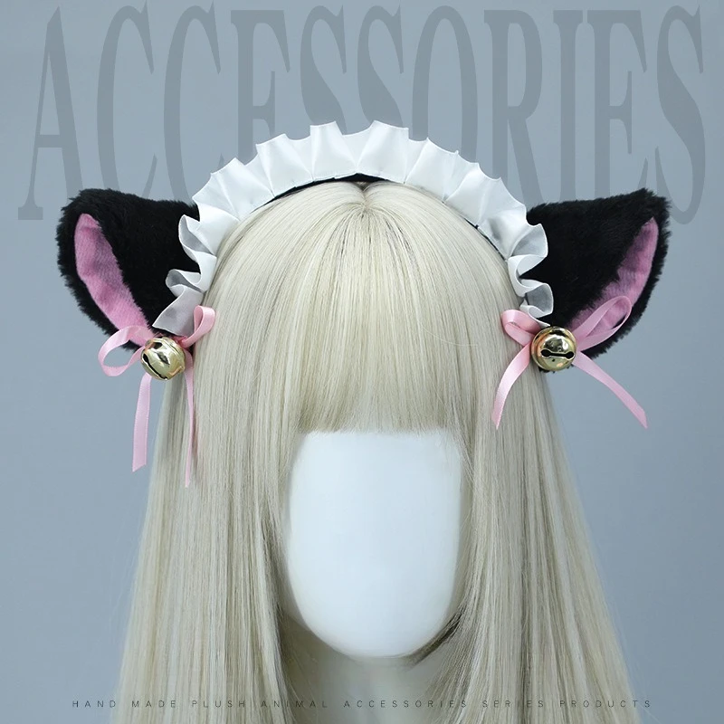 Lolita Bow Cat Ear Hair Hoop with Bell Kawaii Girl Cosplay Headwear Animal Headdress Comic Convention Japanese Maid Accessories
