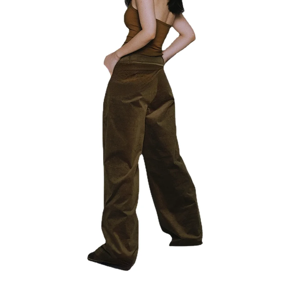 

Beautiful Polarized Suede Low Waist Large Profile Mop Wide Leg Trousers with Drape Design All-Matching