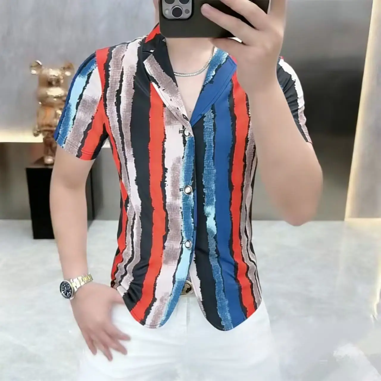 Cuban Collar Shirts For Men Short Sleeve Striped Print Slim Fit Summer Quality Polyester Elastane Icy Coolness Camisas De Hombre