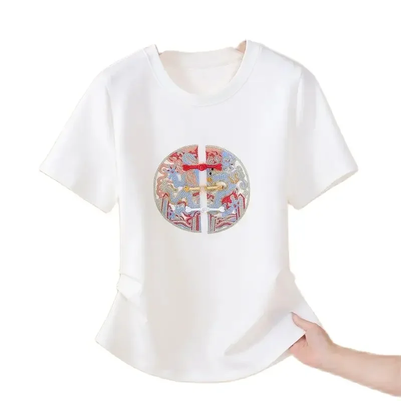 Tri-color Beaded Buttons Decoration Women T-Shirt Elegant Chinese Style Embroidery Tops Female Comfortable Casual New Chic Tees