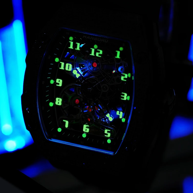 هانبورو ساعة أوتوماتيكية للرجال 50 مللي متر تونيو ساعة يد ميكانيكية مضيئة 50 متر مقاوم للماء سيليكون حزام الهيكل العظمي الهاتفي