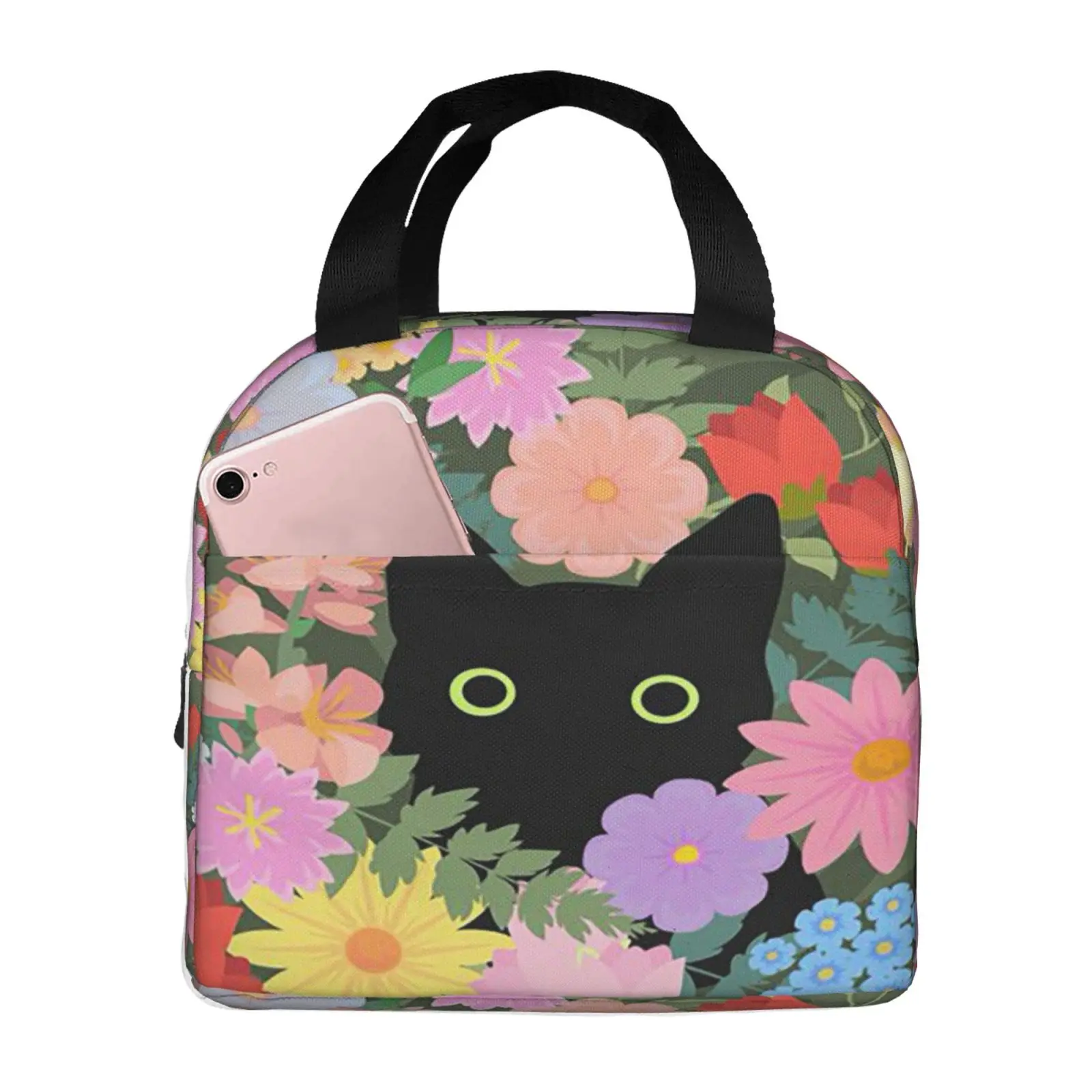 Cute Cartoon Black Cat in Flowers Print Lunch Bag Portable Thermal Cooler Insulated Bento Box for Kids Food Tote Bags