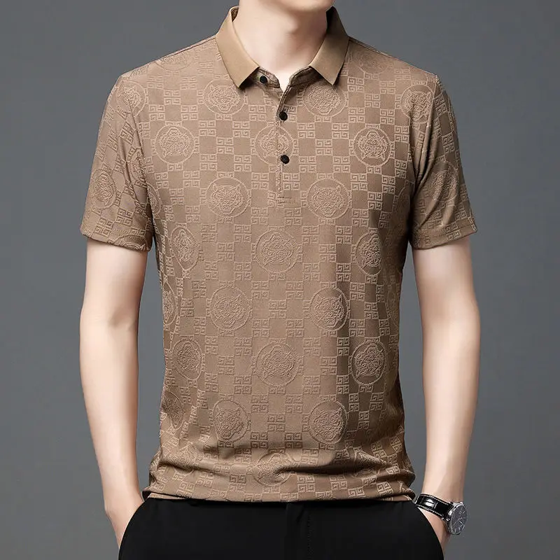 Trend Versatile Summer Polo Shirts Ice Silk Men's Turn-down Collar Solid Button Jacquard Weave Casual Loose Short Sleeve Tops