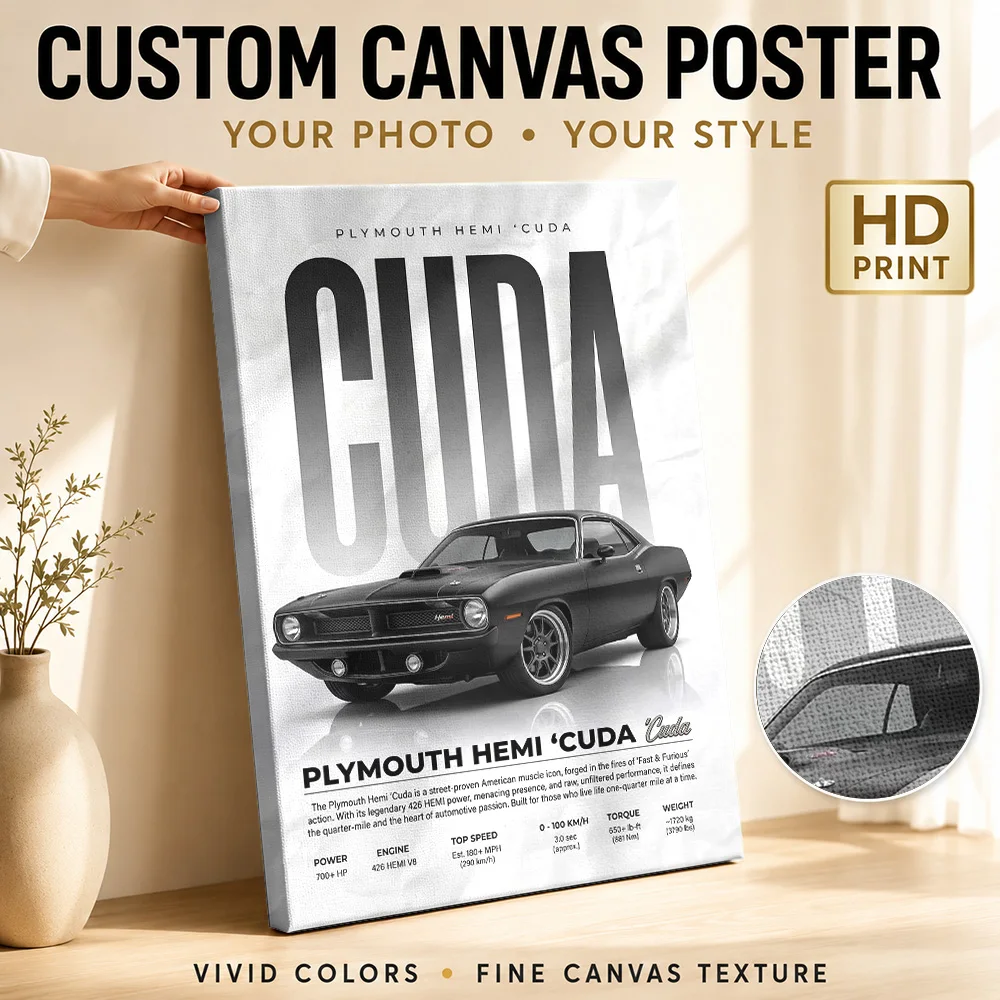 Sleek black Plymouth Hemi 'Cuda Muscle Car Canvas Poster Personalized Photo Vintage Vehicle Wall Paintings Decoration for Garage