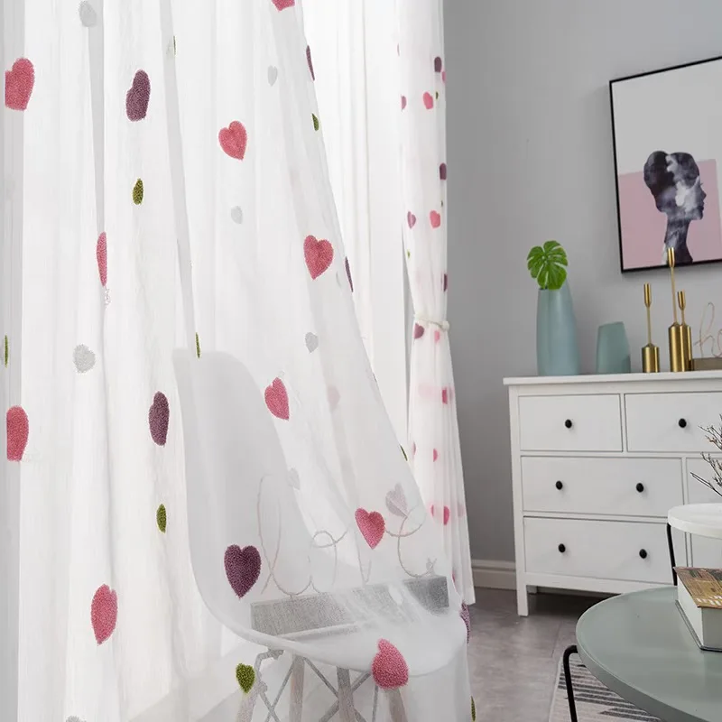 Adorável dos desenhos animados 3D Pink Heart Bordado Tule, cortinas para crianças, sala de estar, quarto, bonito, cortinas personalizadas