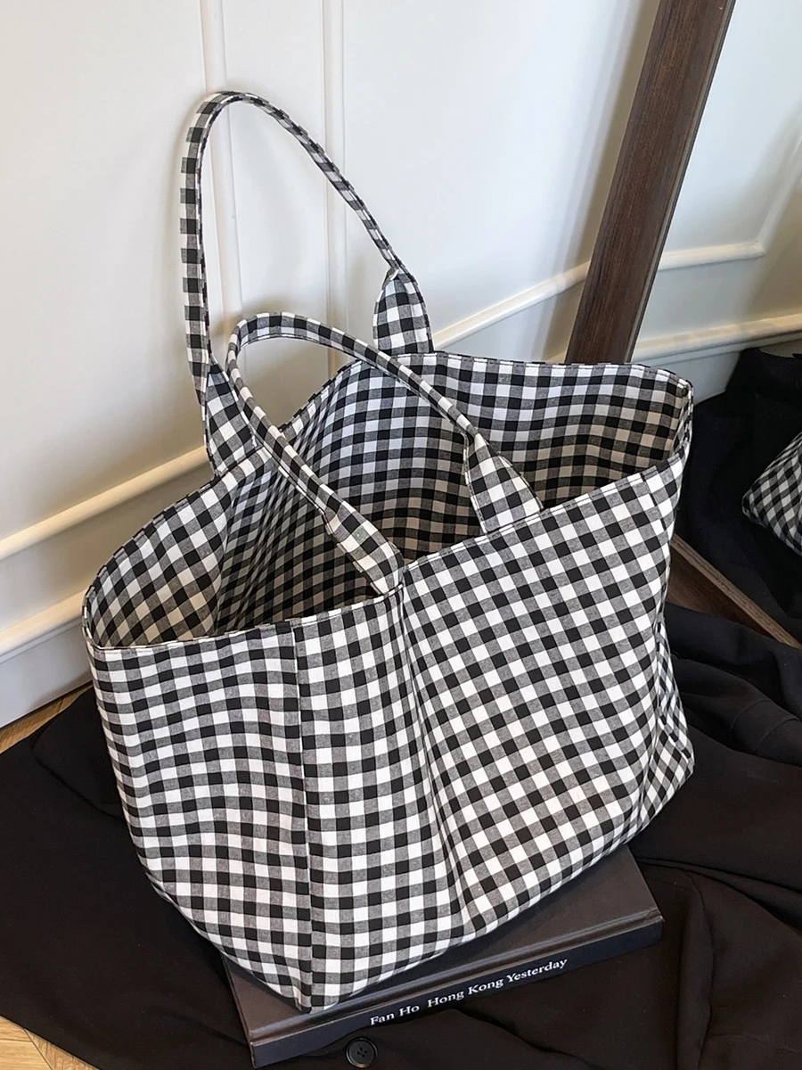 

Laid-ba Корейская сумка-тоут для пригородных поездок на работу, повседневная универсальная черная белая холщовая сумка в клетку, дорожная тканевая сумка op Bag