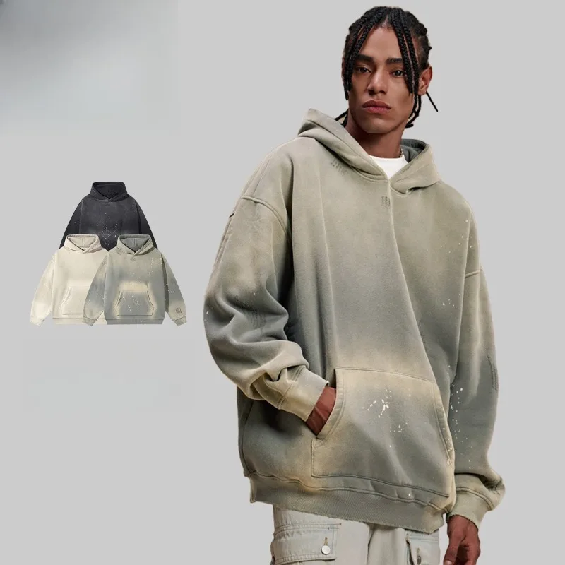 Vintage Wasteland Style Washed Hoodie Men High Street Splash Ink Distressed Oversized Pullover Sweatshirt Y2k Streetwear Men
