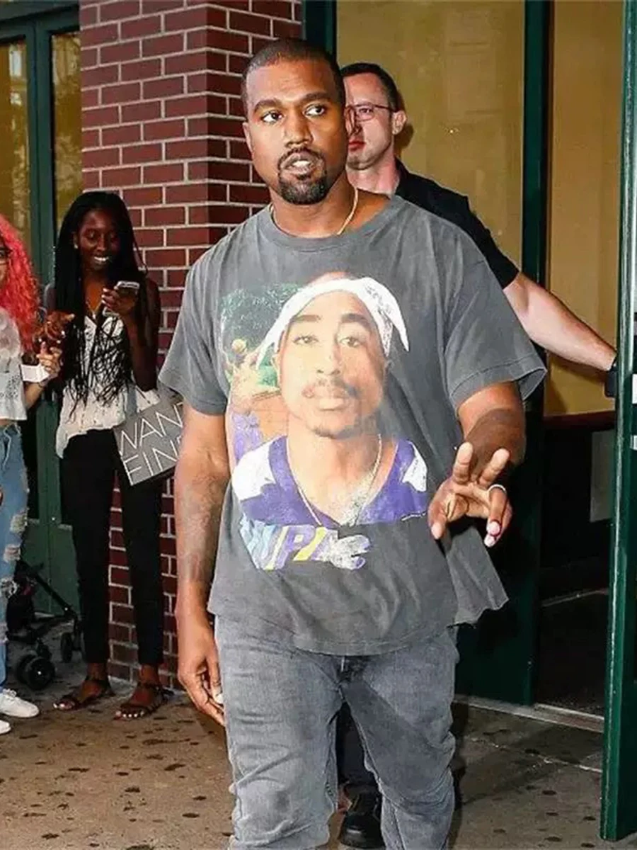 Kanye West Tupac Rap Singer Portrait American Hip Hop Washed Vintage Short Sleeve T-Shirt Cotton Casual Style Breathable Summ...