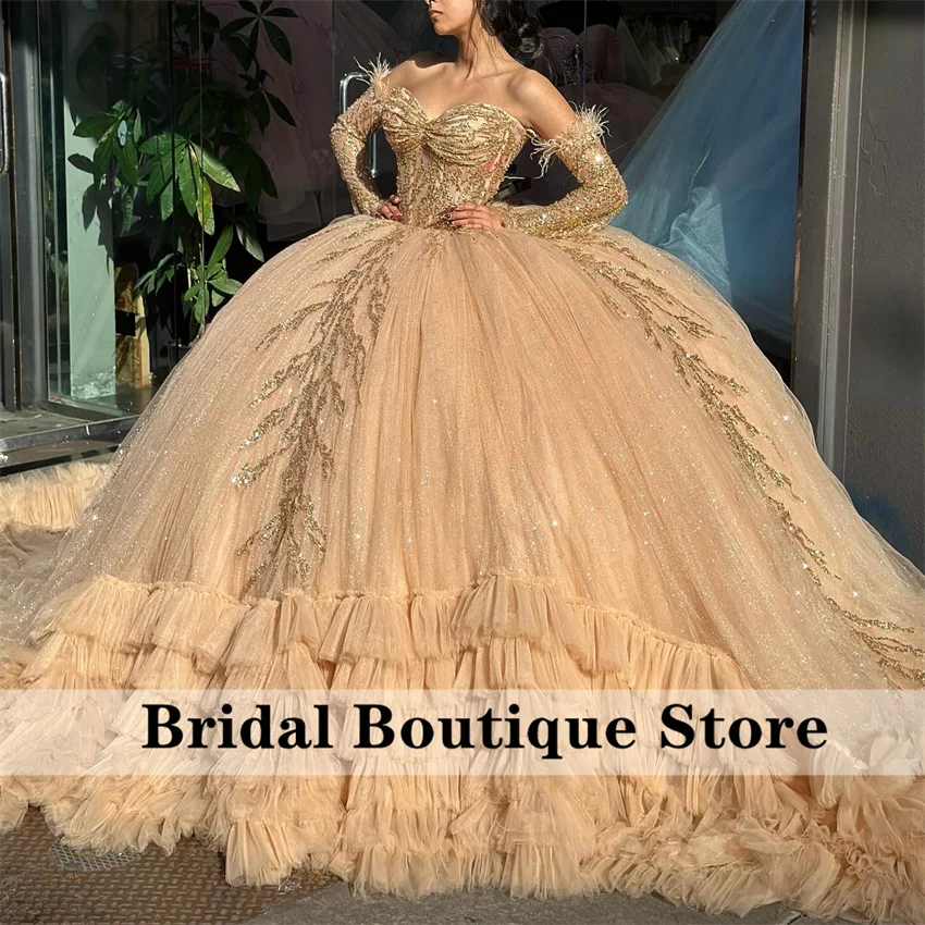 Luxury Green Ball Gown Quinceanera Dresses With Two Gloves Beads Feathers Birthday Party Flowers Sweet 16 Dress Customized