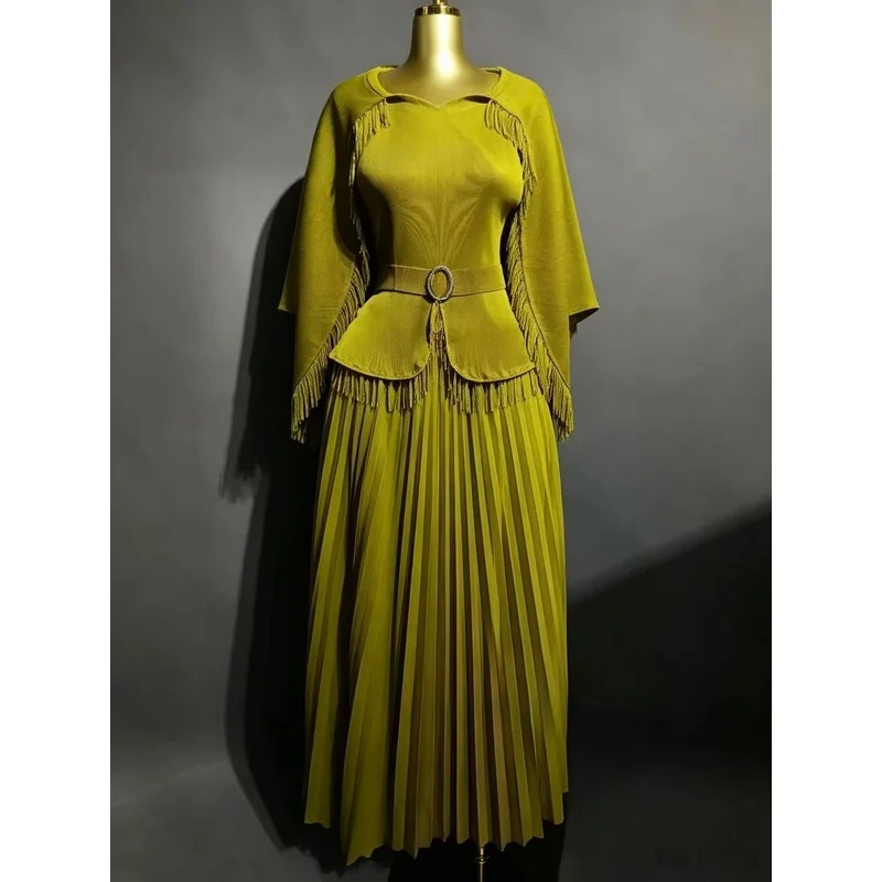 Miyake Asymmetrical Fringed Two Piece Set Featuring A Shawl Top Pleated Folds Skirt Loose Outfit Tassel Stretchy Women's Set