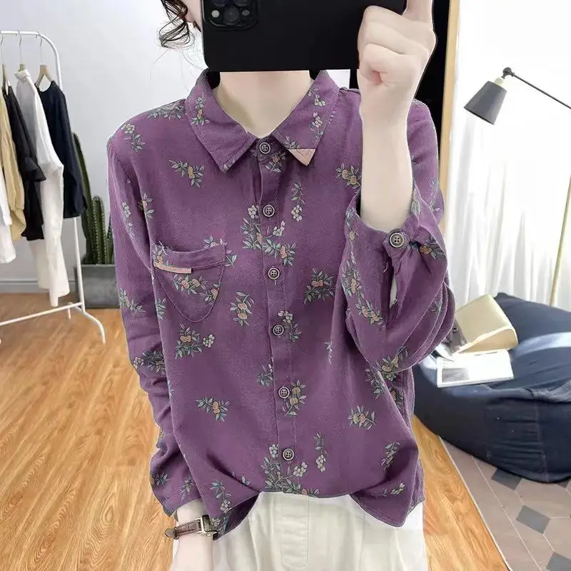 Cotton and Linen Floral Long Sleeved Shirt Women\'s Digital Printed Anti-aging Top Retro Base Shirt Shirt