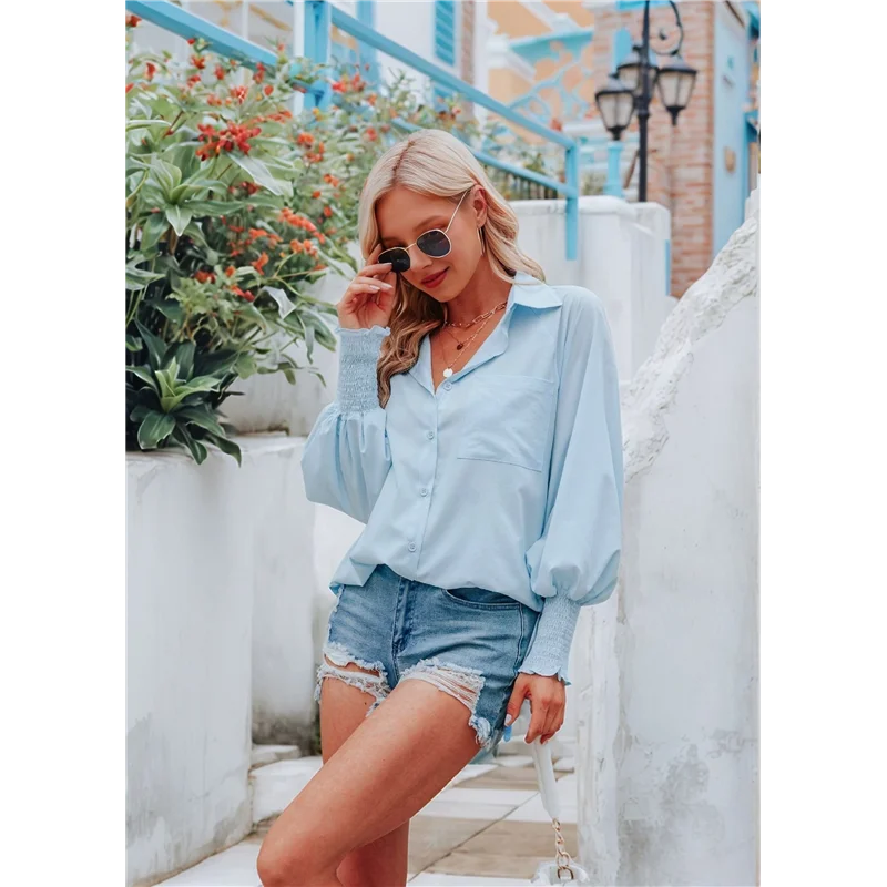 

ABRT-Women's Button Down Striped Shirts Collared Puff Long Sleeve Oversized Smocked Blouses With Pocket