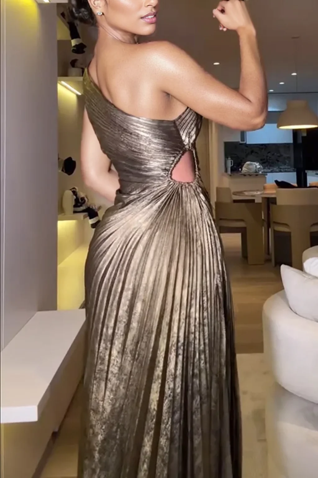 Sexy One Shoulder Waist Cut Out Ruched Pleated Gold Formal Evening Dress