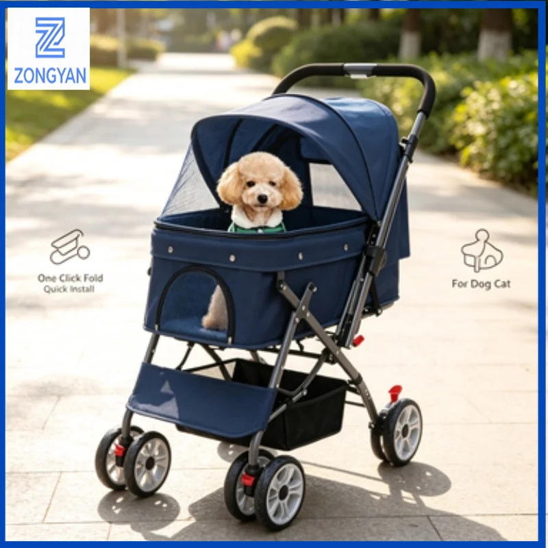 ZONGYAN Pet Foldable Stroller One Click Quick Install Cart For Dog Cat Outdoor Travel Walking Daily Outing Transport Supplies