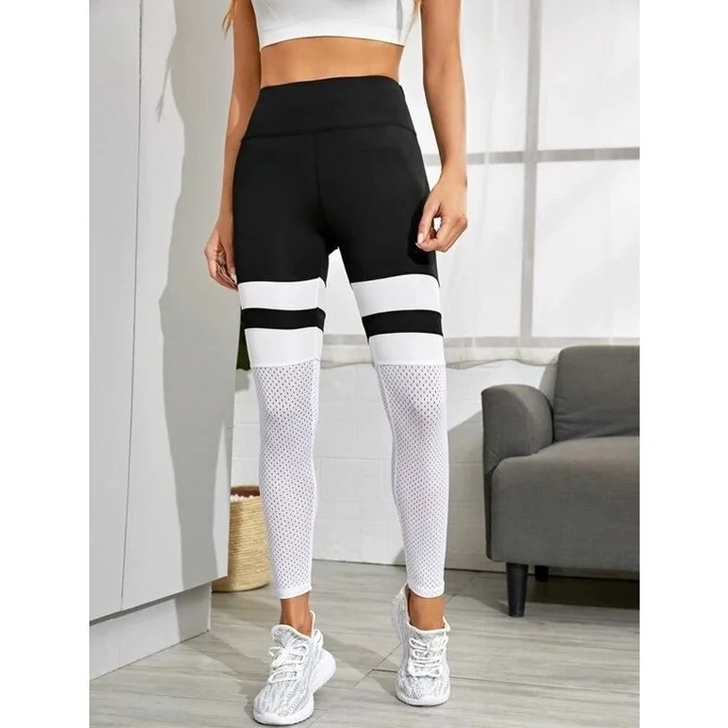 Push Up Leggings Women\'s Solid Color Patchwork Pants Mesh Black White Patchwork Leggins Workout Fitness Push Up Jeggings