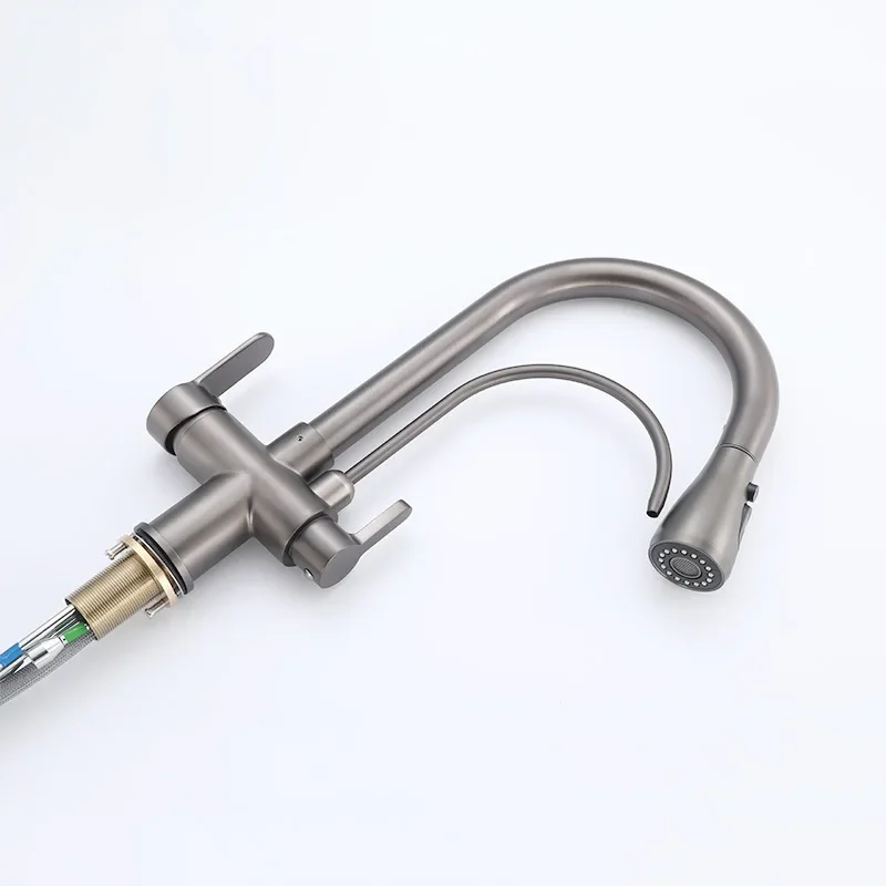 

Современный кухонный смеситель из меди с выдвижным изливом, для горячей и холодной воды, с тройной функцией, для питьевой воды, для раковины/мойки.