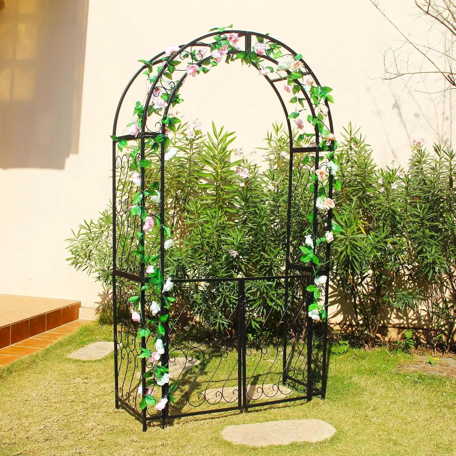 

Heavy-Duty Arbor with Gate 48.8" W x 83.5" H, Iron Arch Trellis Arbor Archway for Climbing Plants Roses Vines Support Rack, Outd