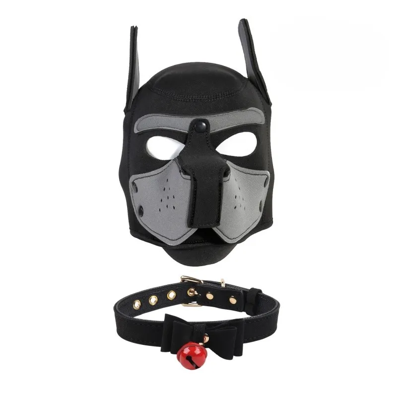 Neoprene Fetish Puppy Cosplay Mask with Collar Full Head Detachable Nose Slave Hood Role Play Games Exotic Costumes Dog Headgear