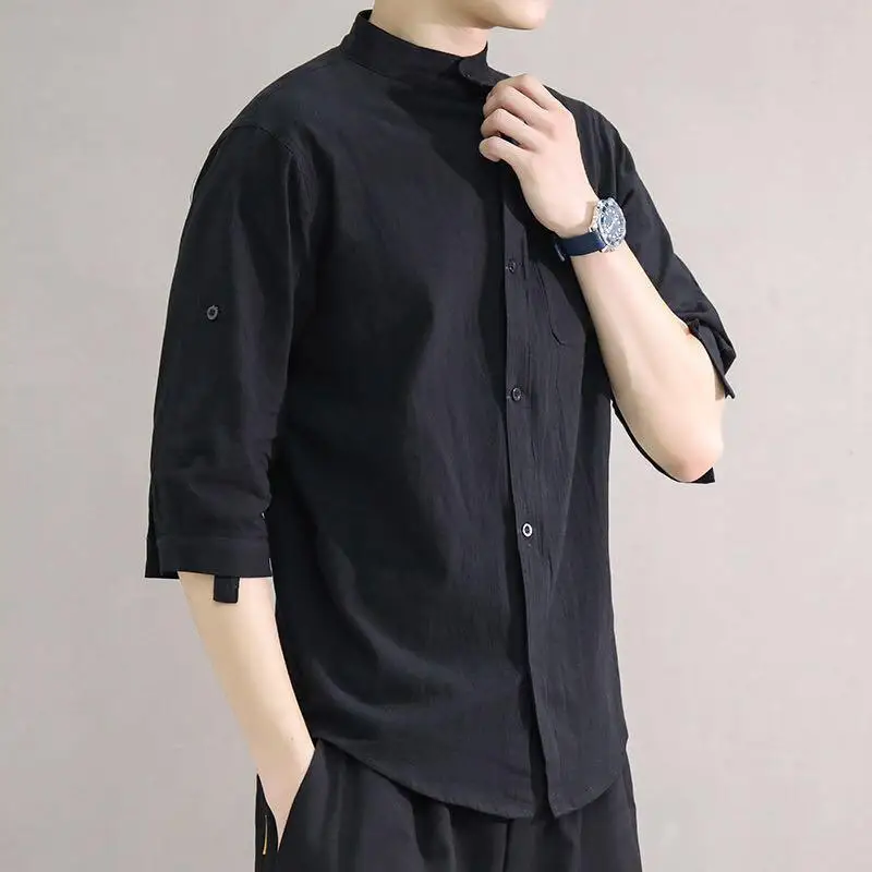 Camisa retrô masculina com botão de linho de algodão, blusa casual simples de meia manga, tops preto e branco, verão solto