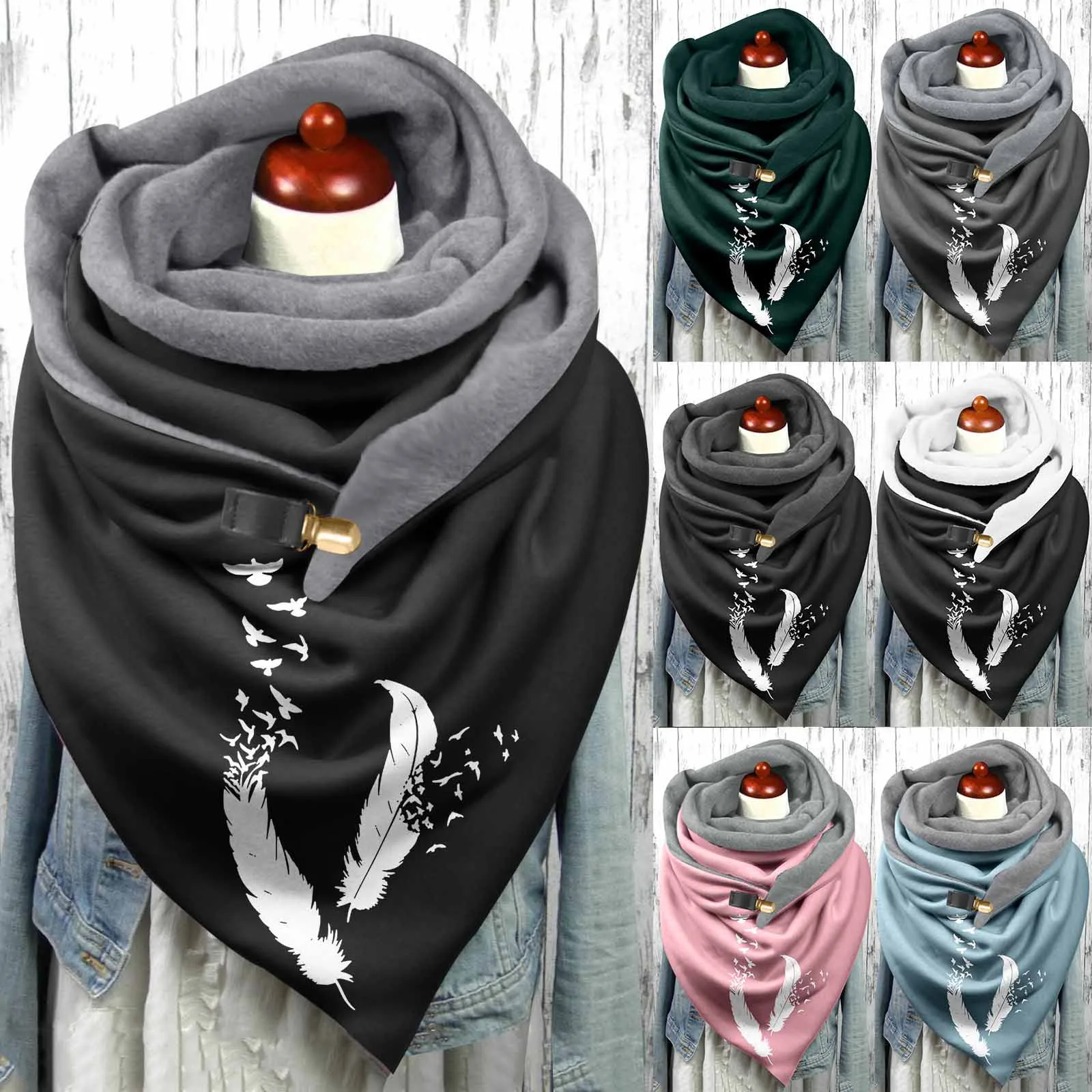 Scarf for Women Hijab Designer Bandana Fashion Feather Print Winter Women Button Scarf Soft Wraps Casual Warm Scarves Shawls