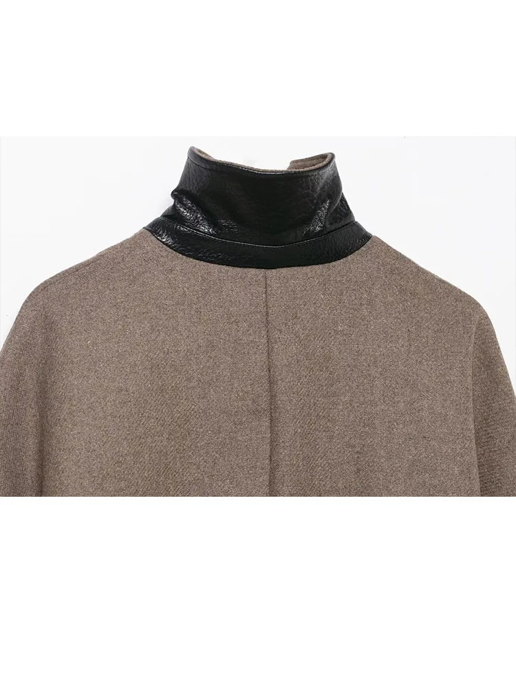 

HH Women 2025 Fashion Wool Blend Laminated Pocket Single-Breasted Jacket Female Casual Contrast Color Stand-Up Collar Coat Mujer