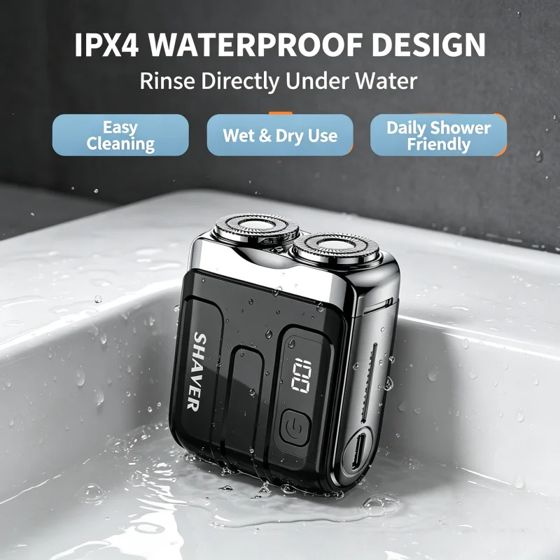 Portable Electric Shaver for Men, Dual‑Head Razor, IPX7 Beard Trimmer, LED Display Type‑C Rechargeable Pocket Shaver for Travel